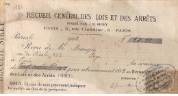 Facture.AM20071.Paris.1882.Recueil Général Des Lois Et Arrêts.Reçu - 1800 – 1899