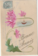 WA 16  - " BONNE ANNEE " - CARTE CELLULOID PEINTE AVEC DAHLIAS ET BATEAU  - 2 SCANS - New Year