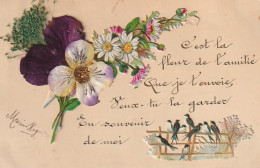 WA 17- CARTE FANTAISIE  AJOUT DE CHROMOS : FLEURS ET HIRONDELLES , PENSEES TISSU ET GRAMINEES - Other & Unclassified