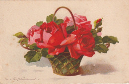 WA 17- CARTE FANTAISIE - PANIER DE FLEURS : ROSES , ILLUSTRATEUR KLEIN   - 2 SCANS - Klein, Catharina