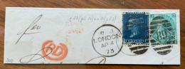 GRAN BRETAGNA - TWO PENNY + ONE SHILLING  Da  LONDON 4 APR 73 Barre 89 + PD - FRAMMENTO - Kostums