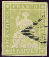 SUISSE - SBK 26Aa  40 RAPPEN VERT JAUNE PALE HELVETIA ASSISE - OBLITERE - SIGNE FULPIUS - CERTIFICAT SCHELLER - Usati