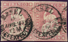 SUISSE - SBK 24F  15 RAPPEN ROSE HELVETIA ASSISE PAIRE - OBLITEREE - SIGNE SCHELLER - Used Stamps