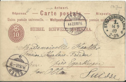 FRANCE CARTE- REPONSE 10c STRASBOURG ( PRUSSIENNE ) POUR OLTEN ( SUISSE ) + AMBUL. 40 DE 1887 LETTRE COVER - 1877-1920: Semi-Moderne