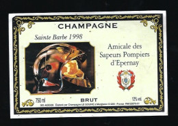 Etiquette Champagne Brut Sainte Barbe 1998  Sapeurs Pompiers D'Epernay Le Gouive Monthelon Marne 51 - Champagne