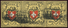 SUISSE - SBK 16 II  10 RAPPEN CROIX NON ENCADREE - BANDE DE 3 - POSITIONS 25 A 27 - OBLITEREE - 1843-1852 Kantonalmarken Und Bundesmarken