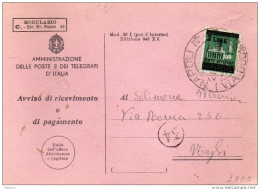 1945 RICEVUTA DI RITORNO  CON ANNULLO NAPOLI - Storia Postale