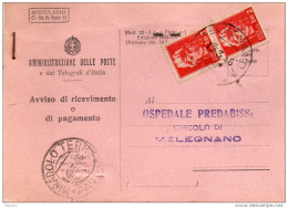 1946 RICEVUTA DI RITORNO CON ANNULLO MELEGNANO MILANO - 1946-60: Poststempel