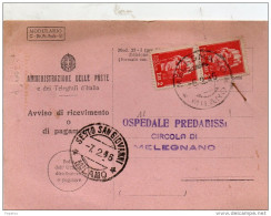 1946 RICEVUTA DI RITORNO CON ANNULLO MELEGNANO MILANO + SESTO S. GIOVANNI - 1946-60: Marcofilia