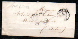 MP02-13 : Dept 02 (Aisne) VERVINS 1853 Cachet Type 15 + Taxe Double Trait 25 - 1849-1876: Période Classique