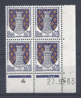 BLASON NIORT N° 1351A - Bloc De 4 COIN DATE - NEUF SANS CHARNIERE - 27/9/63 - 1960-1969