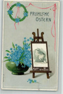 52287406 - Vergissmeinnicht Kranz Blumenvase Staffelei Kueken - Ostern