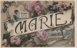 XU 6- " BONNE FETE MARIE " - CARTE FANTAISIE PRENOM -  PAYSAGE ET FLEURS - 2 SCANS - Firstnames