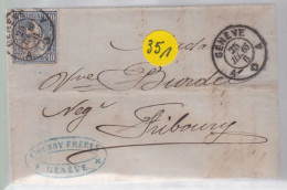 Un Timbre N° 31  10 C  Franco  Suisse  Sur Lettre   Genève    1865   Destination Fribourg - Storia Postale