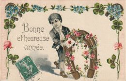 YO 1- " BONNE ET HEUREUSE ANNEE " - CARTE GAUFREE - GARCONNET, FER A CHEVAL DORE - FRISE DE TREFLE ET FLEURS  CHAMPETRES - New Year