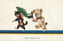 YO 3- " SOYONS TOUJOURS CHIC " - CHIEN HUMANISE , HAUT DE FORME , CANNE ET CHATTE , OMBRELLE ET SAC - ILLUSTRATEUR - Dressed Animals