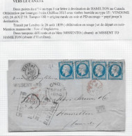 Destination CANADA Lettre De VENDOME 1859 P / HAMILTON Timbres Empire N° 14x4 Voie D'Angleterre Griffe MISSENT   RARE - 1853-1860 Napoléon III