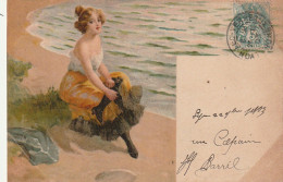 YO Nw28 - JEUNE FEMME , EPAULES DENUDEES , SUR LE SABLE AU BORD DE L' EAU - ILLUSTRATEUR - 2 SCANS - 1900-1949