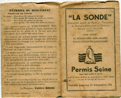 92 - Boulogne Billancourt : Carte De Pêche " LA SONDE " - 1946 - Tarjetas De Membresía