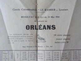 1948 Lessines Cercle Colombophilie Le Ramier Document Relevé De Lacher De Pigeons Concours Sur Orléans - Lessen