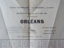 1948 Lessines Cercle Colombophilie Le Ramier Document Relevé De Lacher De Pigeons Concours Sur Orléans - Lessines