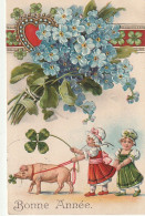 ZA 4- " BONNE ANNEE " - CARTE FANTAISIE GAUFREE - FILLETTES AVEC COCHON , TREFLE , BOUQUET MYOSOTIS , FRISE AVEC COEUR - New Year