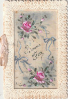 ZA 5- " BONNE FETE "- CARTE LIVRET PEINTE SUR TISSU - DECOR FLORAL - FEUILLET INTERIEUR DOUBLE- 2 SCANS - Sonstige & Ohne Zuordnung