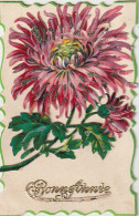 ZA 6- " BONNE ANNEE " LETTRES RELIEF  DOREES - CARTE  FANTAISIE AVEC AJOUT CHROMO FLEUR : DAHLIA - New Year