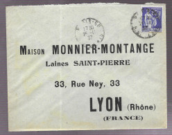 Paris 1937. Enveloppe Réponse, Maison Monnier Montange, Laines Saint Pierre, Voyagée Vers Lyon - 1921-1960: Moderne