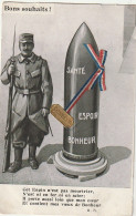 Z+ 3- BONS SOUHAITS  - " CET OBJET N' EST PAS MEURTRIER  .. " - SOLDAT ET OBUS RUBAN TRICOLORE , PLAQUE DOREE  BONHEUR  - War 1914-18