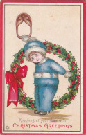 Z+ 5- CHRISTMAS GREETINGS - ENFANT FRAPPANT A LA PORTE AVEC COURONNE DE HOUX - CARTE GAUFREE - Sonstige & Ohne Zuordnung