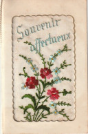 Z+ 6- CARTE LIVRET " SOUVENIR AFFECTUEUX " , BRODEE - BOUQUET DE FLEURS - FEUILLET INTERIEUR DOUBLE  - 3 SCANS - Embroidered