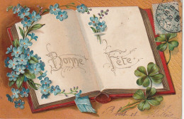 Z+ 6- " BONNE FETE " - CARTE FANTAISIE GAUFREE - LIVRE OUVERT , TREFLES , MYOSOTIS  - 2 SCANS - Andere & Zonder Classificatie