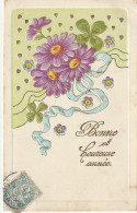 Z+ 6- " BONNE ET HEUREUSE ANNEE " - CARTE FANTAISIE GAUFREE - FLEURS ET TREFLES - COEURS DORES - 2 SCANS - Nieuwjaar