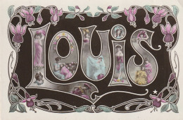 Z++ 1- " LOUIS " - CARTE  AVEC PRENOM ET LETTRES  PORTRAITS DE FEMMES - DECOR FLORAL STYLE ART DECO - 2 SCANS - Firstnames