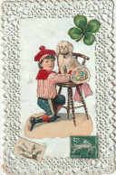 Z++ 2- " SOUVENIR " - CARTE FANTAISIE AJOUREE DENTELLE  - CHROMOS ENFANT ET CHIOT - TREFLE ET MUGUET - 2 SCANS - Andere & Zonder Classificatie