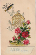 Z++ 2- " JE L' AI PECHE  " - CARTE FANTAISIE AVEC AJOUT DE CHROMOS CAGE A OISEAUX , ROSES , POISSON - 2 SCANS - 1 De April (pescado De Abril)