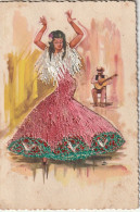 Z++ 14- CARTE FANTAISIE BRODEE - DANSEUSE DE FLAMENCO ET GUITARISTE - ILLUSTRATEUR - 2 SCANS - Brodées