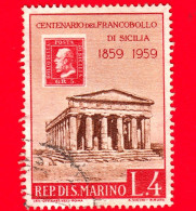 SAN MARINO - Usato - 1959 - Centenario Dei Francobolli Di Sicilia - Tempio Della Concordia, Ad Agrigento - 4 L. - Oblitérés