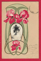 AF35 TRES BELLE FANTAISIE FLEUR IRIS ART NOUVEAU CARTE GAUFREE AVEC MEDAILLON FEMME EN 1903 - Blumen