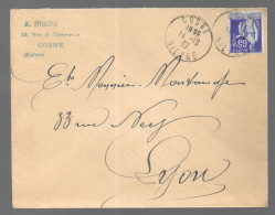 Cosne 1937. Enveloppe Cachetée A. Nerre, Voyagée Vers Lyon - 1921-1960: Période Moderne