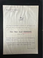 Heer Jozef Hermans Schepen Stad Hasselt +1942 Hasselt Door Bestuur Van Stad Hasselt - Todesanzeige