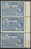 FRANCE ERINOPHILIE Fair EXPOSITION UNIVERSELLE 1900 PARIS ESPAGNE SPAIN BLOCK OF 3 Vignette CINDERELLA MNH** - 1900 – Parigi (Francia)