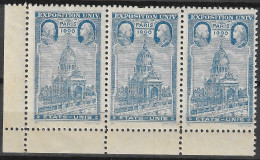 FRANCE ERINOPHILIE Fair EXPOSITION UNIVERSELLE 1900 PARIS ETATS-UNIS USA BLOCK OF 3 Vignette CINDERELLA MNH** - 1900 – Parigi (Francia)