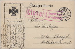 Feldpostkarte GOCH 10.8.15, Roter Zensurstempel CLEVE P.K. Geprüft/zu Befördern - Ocupación 1914 – 18