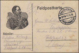 Feldpostkarte Wilhelm-Portrait Kais. Deutsche Feldpoststation 214 - 31.12.16 - Occupazione 1914 – 18