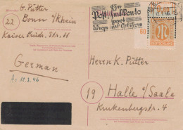 Ganzsache AM-Post 12.2.1946 Formularverwendung Hitler-Überdruck Bonn > Halle Saale  - Postscheckkonto - Storia Postale