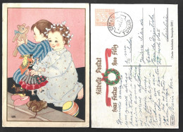 Entire Christmas Postcard. Young People Playing With Dolls. Happy Holidays And Happy Year 1942. Obliteration Of Tomar - Puppen