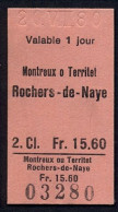 20/08/80 , MONTREUX O TERRITET , ROCHERS - DE - NAYE , TICKET DE FERROCARRIL , TREN , TRAIN , RAILWAYS - Europa