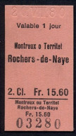 20/08/80 , MONTREUX O TERRITET , ROCHERS - DE - NAYE , TICKET DE FERROCARRIL , TREN , TRAIN , RAILWAYS - Europe